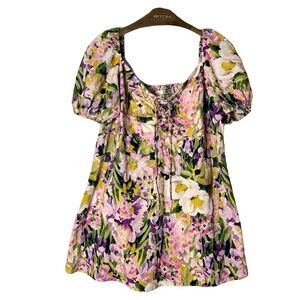 Nwot H&M Multicolor Floral Mini Dress XXL Size Puff Short Sleeve A Line Cotton